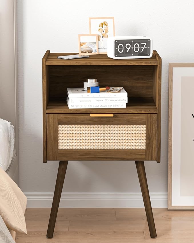 Rattan Nightstand,Modern Bedside Table with Storage Drawer and Open Wood Shelf, for Living Room, Bedroom and Small Spaces, Accent Night Stand with Solid Wood Legs, Easy Assembly,Walnut Brown-Ruum Studio Home