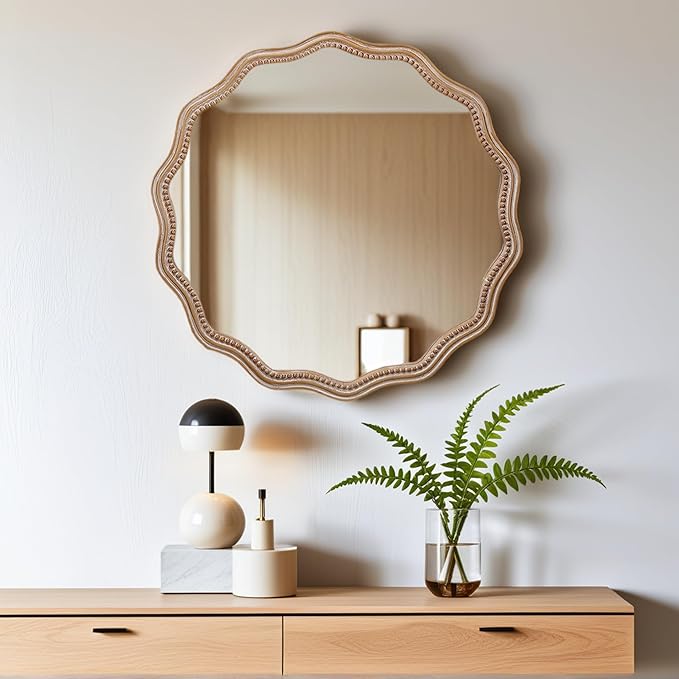 Round Mirror Vanity Mirrors for Bathroom with Wavy Wood & Beaded Frame - Wall Mirrors for Living Room,Entry Mirrors for Wall,Decorative Mirror-Ruum Studio Home