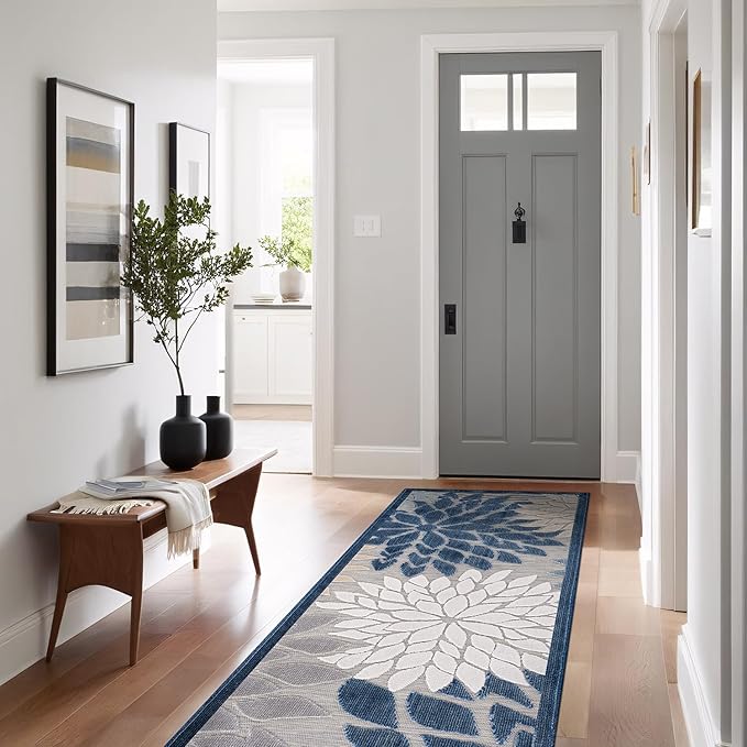 Beverly Rug Outdoor Runner Rug 2x7 Modern Floral Tropical Area Rugs for Indoor and Outdoor Patio Easy to Clean Non Shedding Living Room Porch Garden Washable Outside Carpet (2 x 7 Blue)-Ruum Studio Home