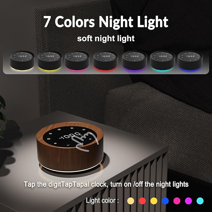 White Noise Sound Machine Alarm Clock 7 Color Night Light Sound Machine for Adult/Baby 20 Soothing Sound 31 Level Volume 6 Level Screen Brightness 5 Timer Set Memory Function Touch Control Wood Grain-Ruum Studio Home