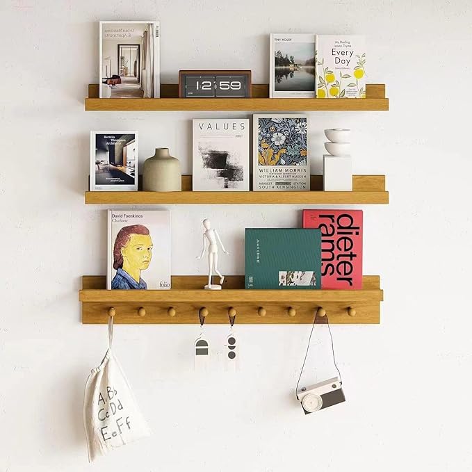 MBYD Floating Shelves 36 Inch, Nursery Book Shelves for Kids Room, Hanging Bookshelf with Hooks Set of 3, Light Walnut Wood Picture Ldge Shelving, Kitchen Wall Shelf Spice Rack for Bedroom Bathroom-Ruum Studio Home