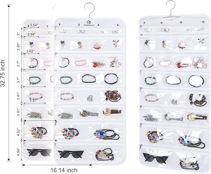Freegrace Hanging Jewelry Organizer Revolving Hanger - Secure Zipper Closure - 50 Pockets - Foldable Storage & Display Solution - For All Jewelry & Bijoux (White)-Ruum Studio Home