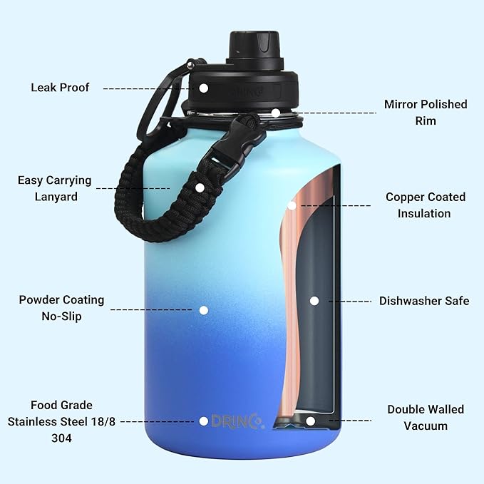 DRINCO Stainless Steel Water Bottle Spout Lid Vacuum Insulated Double Wall Water Bottle(64oz 40oz 32oz 22oz 18oz 14oz) Leak Proof Keep Cold Sport Camping Hiking (64 oz, 64oz Morning Sky Blue)-Ruum Studio Home
