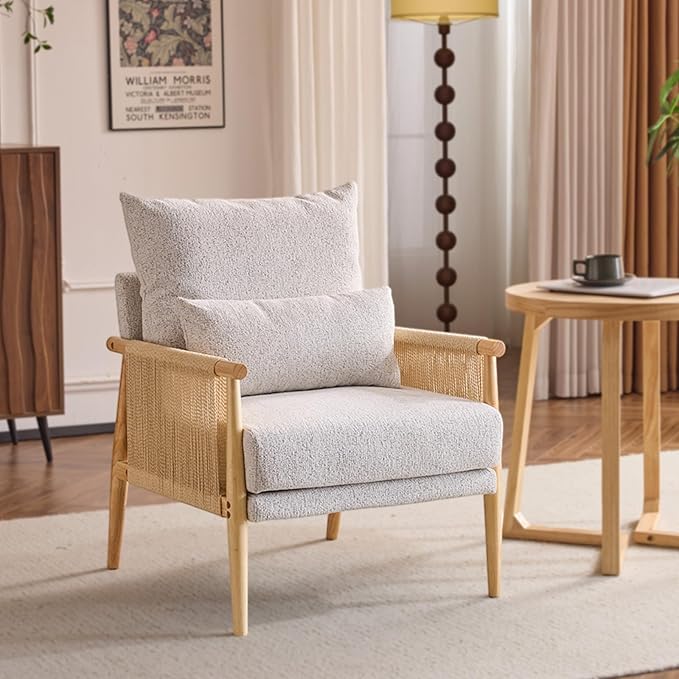 VINGLI Boho Braid Accent Armchair,Mid-Century Modern Chiar with Solid Wooden Armrest,Comfy Louge Cushion Chair with Waist Pillow for Bedroom,Living Room,Reading Room, Light Gray-Ruum Studio Home