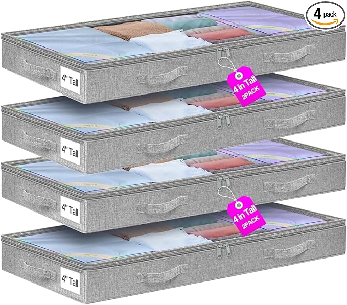 punemi 4pcs Under Bed Storage Containers, Below 4 Inches Tall Low Profile Underbed Storage, NO STRUCTURE, Soft Foldable Underbed Cloth Storage Bags, Zipper Blanket Storage Container, 20x40x3.7in-Ruum Studio Home