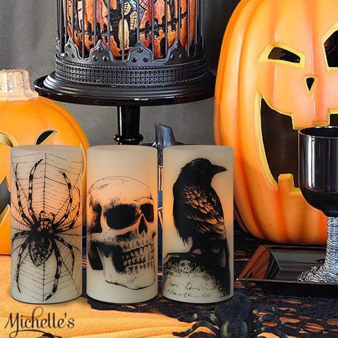 Wondise Halloween Flickering Flameless Candles with 6hrs Timer, Battery Operated LED Real Wax Candles Set of 3 Skull, Spider Web, Crow Raven Decals Halloween Home Decoration Gifts(3 x 3 x 6 Inch)-Ruum Studio Home