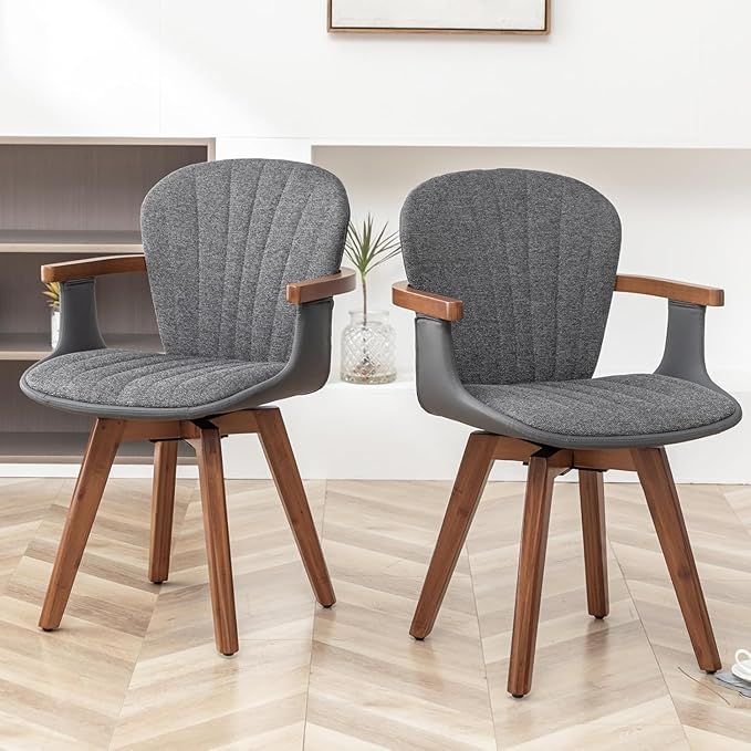 LUNLING Swivel Dining Chairs Set of 4, Mid Century Modern Gray Fabric+Faux Leather Kitchen Chairs with Arms,Bamboo Legs Side Chairs No Wheels,Accent Chair for Dining Rooms and Offices(Gray Fabric)-Ruum Studio Home