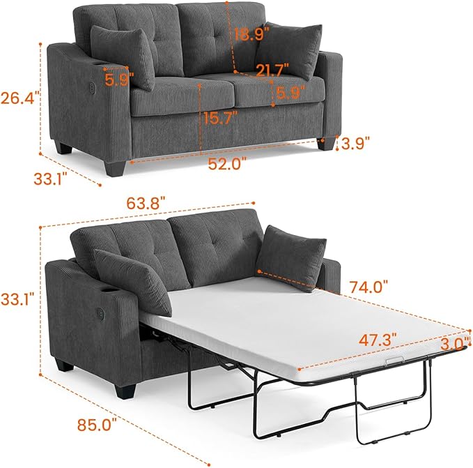 Pull Out Sofa Bed, Full Size Sleeper Sofa, 2-in-1 Convertible Corduroy Couch with USB Charging, Memory Form Couch for Living Room, Apartment and Small Space (Dark Grey, Corduroy - Full Size)-Ruum Studio Home