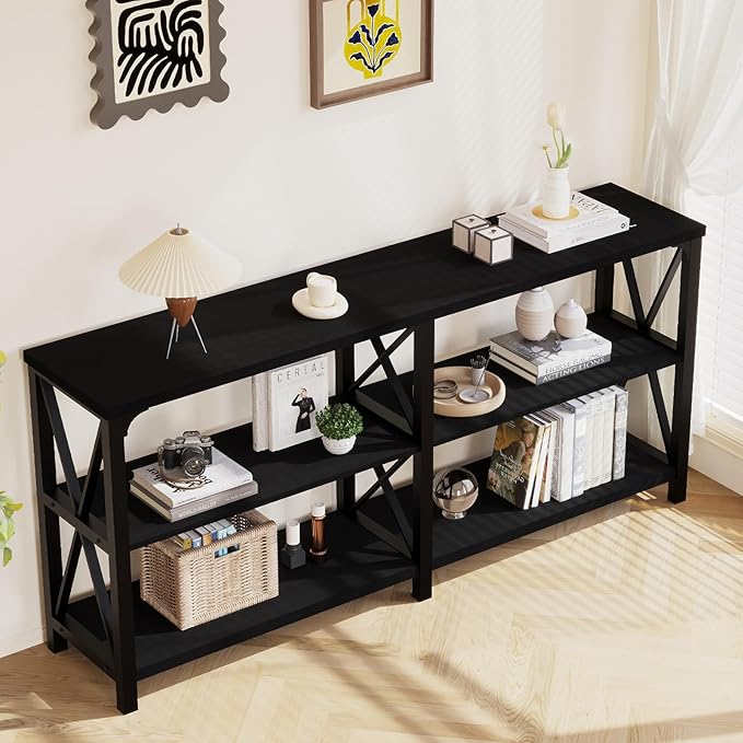 LVB Industrial Entryway Table, Farmhouse Rustic Console Tables Behind Couch, Long Metal Wooden Sofa Table with Storage Shelf, Modern Foyer Hallway Table for Living Room Bedroom, Black Oak, 63 in-Ruum Studio Home