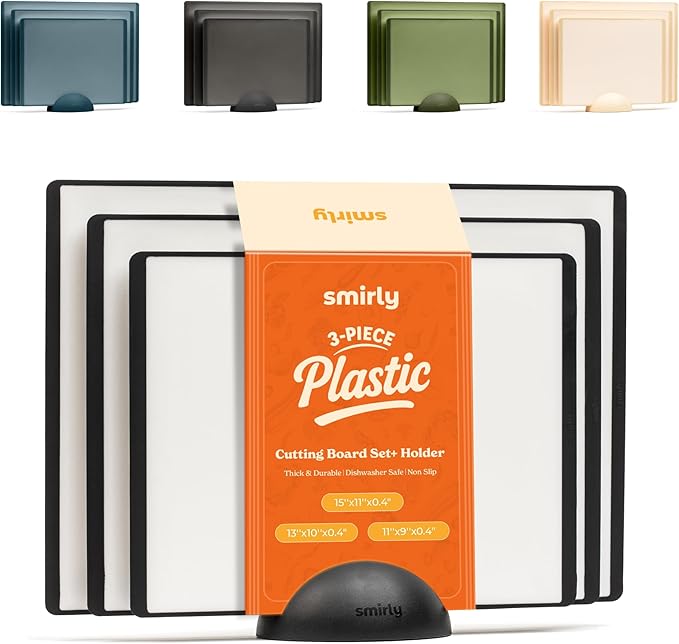 SMIRLY Plastic Cutting Board Set with Holder 3 Pieces, Non-Slip Dishwasher Safe Chopping Boards for Kitchen, Black & White-Ruum Studio Home