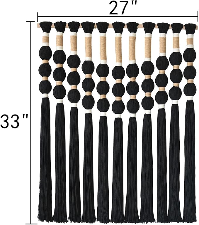 Macrame Wall Hanging Boho Wall Decor Black Fiber Yarn Wall Art Handmade Cotton Spherical Knot for Living Room Bedroom Nursery Office Home Decor27" W x 33" L-Ruum Studio Home