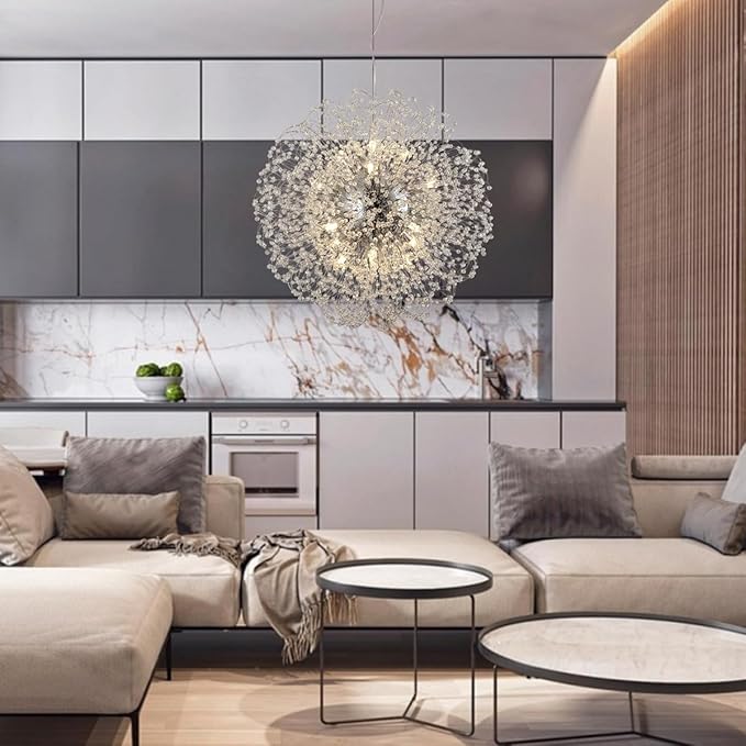 Dandelion Crystal Chandelier with Chrome, Modern Large Sputnik Hanging Lamp, Sunflower Beaded Pendant Light Fixtures High Ceiling for Living Room Bedroom Dining Room (Chrome 16Lights)-Ruum Studio Home
