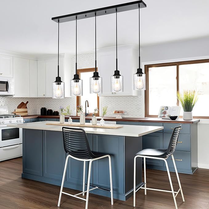 Black Chandelier 5 Light Dining Room Lighting Fixtures Hanging Linear Pendant Lights Industrial Modern Chandelier with Seeded Glass for Kitchen Island Living Room Bedroom Foyer Hall Entryway-Ruum Studio Home