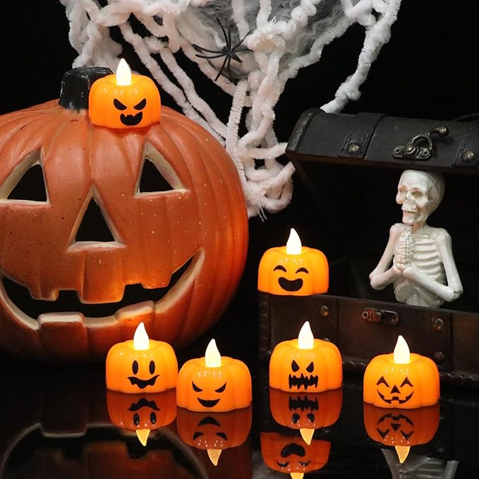 Wondise Halloween Flameless Candles, Pumpkin Battery Operated Candles with Timer, LED Flickering Votive Tealight Spooky Candles for Halloween Decorations Indoor (6 Pack, 1.9" x 1.6")-Ruum Studio Home