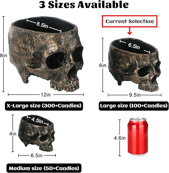 GameXcel Halloween Skull Candy Dish - Large Skull Candy Bowl for Trick or Treat - Skeleton Head Treat Container Planter or Desktop Halloween Decor - Bronze Resin-Ruum Studio Home