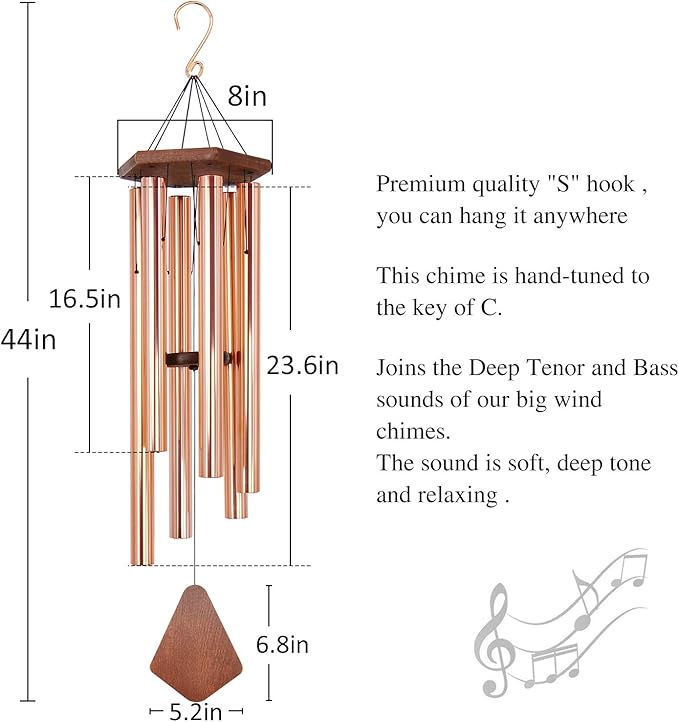 Wind Chimes Outdoor Large Deep Tone, 44 Inch Sympathy Wind Chime Outdoor, Memorial Wind-Chime with 6 Tuned Tubes, Elegant Chime for Garden, Patio, Balcony and Home Decor, Rose Gold-Ruum Studio Home