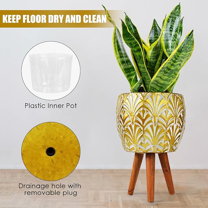 Harvest Land Plant Pots with Stand, Set of 2 Large Modern Planters Metal Tall Handmade Flower Pots with Drainage Holes Indoor Outdoor,Gold-Ruum Studio Home