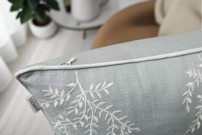 VAGMINE Embroidered Leaves Throw Pillow Cover - 18x18 Inches Square - 100% Cotton Robins Egg Decorative Cushion Cover - Coastal Inspired Leaf Stitch - Stylish Home Accent for Sofa, Couch, Bedroom-Ruum Studio Home
