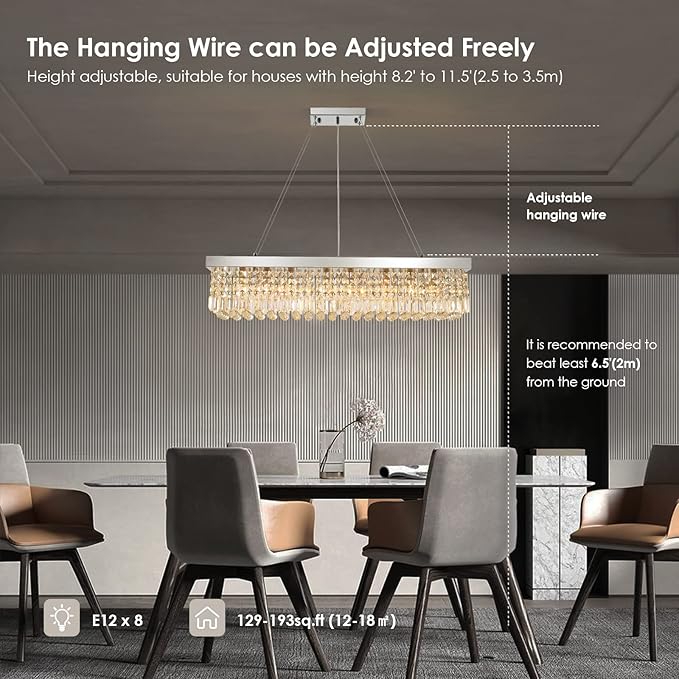 Siljoy Modern Rectangular Crystal Chandeliers 8 Lights Rectangle Raindrop Pendant Ceiling Light Fixture for Kitchen Island Dining Room, Adjustable Height, Polished Chrome Finish, L40 x W10 x H10-Ruum Studio Home