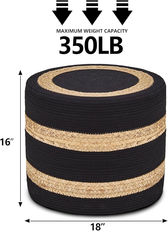 Wimarsbon 18'' Ottoman Pouf, Natural Braided Poof, Rustic Handweave Lounge Pouffe, Boho Footrest Stool for Bedroom, Accent Table or Seat for Living Room (Natural Water Hyacinth + Black Cotton Rope)-Ruum Studio Home