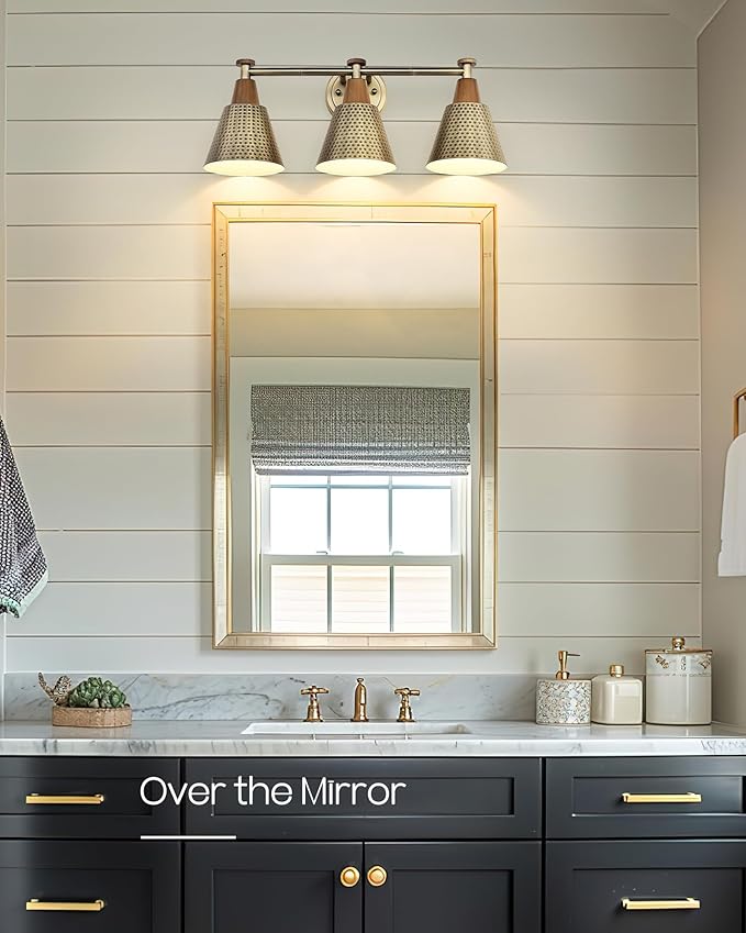 FEMILA Antique Brass Bathroom Vanity Light, 3-Lights Industrial Modern Wall Sconce Bathroom Lighting, Hammered Metal Shade Finish, 4FG59B-3W BG-Ruum Studio Home