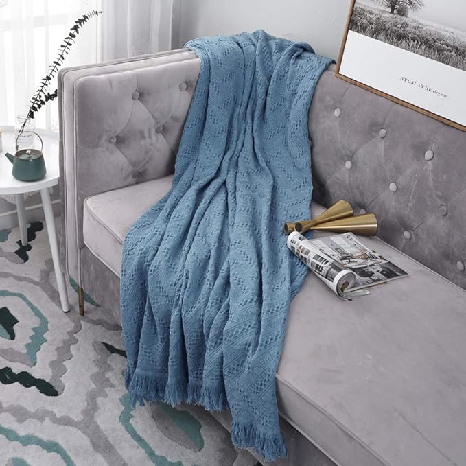 Simple&Opulence 100% Cotton Throw Blanket for Bed, Couch, Boho Luxury Geometric Knit Woven Blanket with Tassels Soft Lightweight Cozy Breathable, Vintage Farmhouse Decoration for All-Season(Blue)-Ruum Studio Home