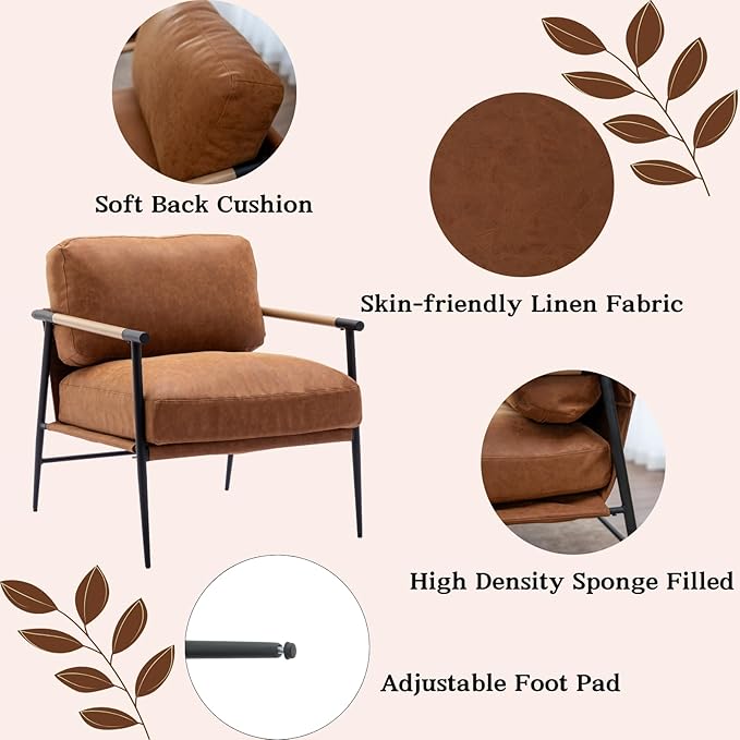 Mid-Century Accent Chair Set of 2, Soft Armchair PU Leather Lounge Chair with Black Metal Legs, Upholstered Leisure Chair for Living Room Bedroom Reception Room, Brown-Ruum Studio Home