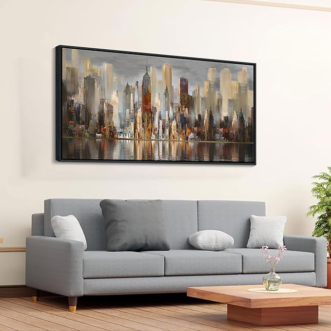 Abstract Brown New York City canvas Wall Art Framed Large Wall Art for Living Room Modern Paintings for Bedroom Cityscape New York Wall Decor Artwork Wall Pictures for Office and Bedroom 24×48in-Ruum Studio Home