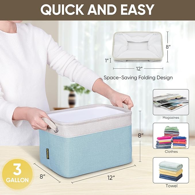 BALEINE 3 Pack Fabric Storage Bins for Shelves, Linen Storage Baskets for Organizing, Decorative Closet Bins for Clothes, Home (Skyblue, 12"x8"x8")-Ruum Studio Home