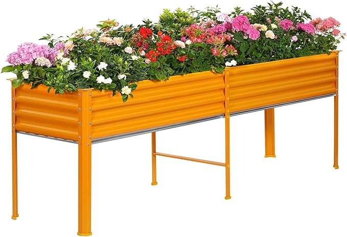 Land Guard Galvanized Raised Garden Bed with Legs, 96×24×32in Raised Garden Beds Outdoor with Drainage Holes, Planter Boxes Outdoor for Backyard, Patio, Balcony, 800lb Capacity, Cream Yellow-Ruum Studio Home