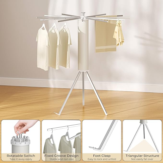 Tripod Clothes Drying Rack, Garment Rack Portable and Foldable Space Saving Laundry Drying Rack - Dryer Rack Clothing Floor Folding Balcony Bedroom Household (Silver(Aluminum), 12 rods)-Ruum Studio Home