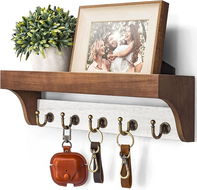 Rebee Vision Key Holder for Wall with Shelf - Farmhouse 2-Color Key Rack with 5 Retro Keys Hooks and Primitive Wood Mail Organizer Wall Mount - Decorative Rustic Home Decor (Brown & White)-Ruum Studio Home