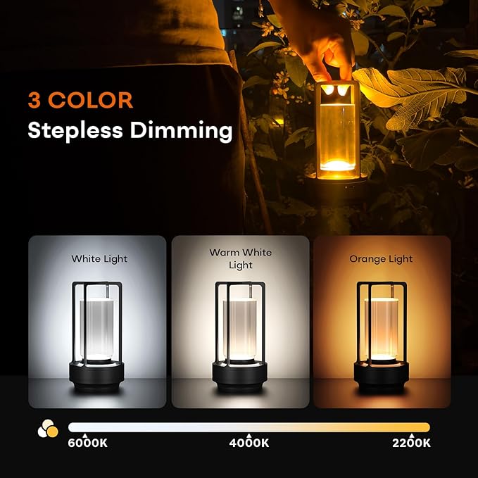 Portable Metal Table Lamp for Indoor/Outdoor ,Rechargeable Cordless LED Lamp, 3-Colour Infinitely Dimming Battery Powered Small Desk Lamp, Restaurant/Bedroom/Bar/Coffee/Camping Light (Black Set of 2)-Ruum Studio Home