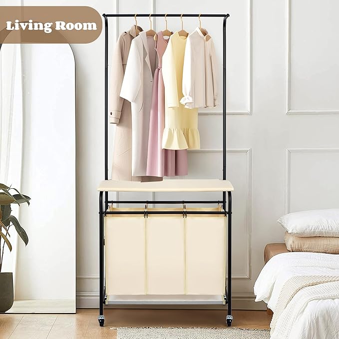 MYOYAY 3 Section Laundry Sorter with Garment Hanging Bar Rack Foldable Ironing Board, Laundry Basket Organizer Heavy Duty Laundry Hamper Rolling Cart with Lockable Wheels and 3 Removable Bags-Ruum Studio Home
