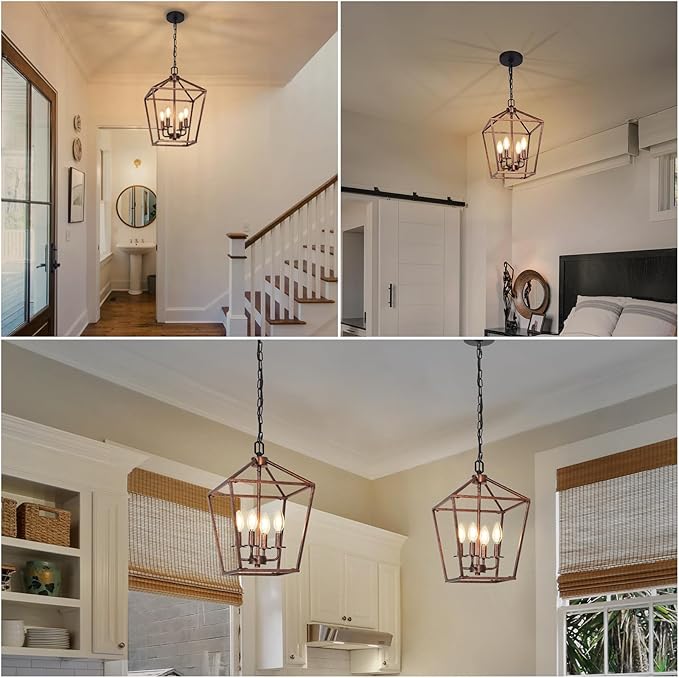 Chandelier for Dining Room, 4-Light Rustic Chandelier Fixtures, Vintage Ceiling Light with Adjustable Height, Antique Bronze Geometric Hanging Light for Bedroom, Foyer, Kitchen, Living Room, Entryway-Ruum Studio Home
