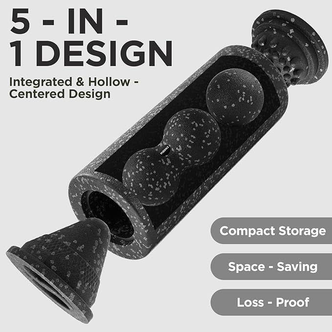 5 in 1 Foam Roller Set with Peanut Massage Ball, Curved Muscle Brush - Yoga Roller, Massage Ball, Trigger Point Triangle for Deep Tissue Relief (Black Gray)-Ruum Studio Home