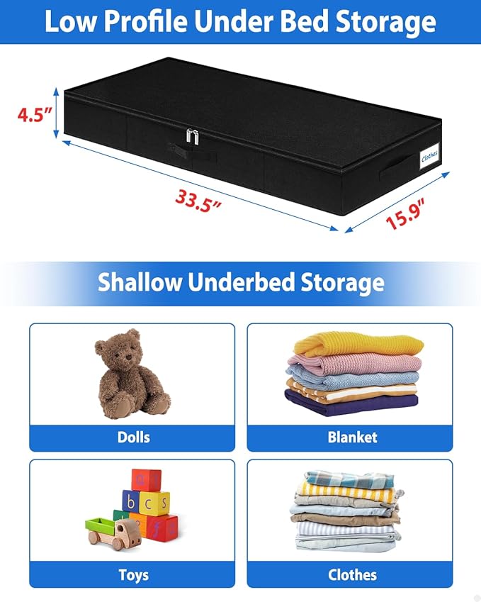 Under Bed Storage Containers, Low Profile Underbed Zipper Storage Bin 4.5 Inches Tall, Shallow Under Bed Storage with Sturdy Side & Bottom Support, Linen Storage with Lid for Sofa and Dorm, 4Pcs Black-Ruum Studio Home