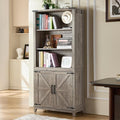 70in Tall Bookshelf 5 Tier Bookcase with Barn Doors and Adjustable Shelves, Grey Farmhouse Book Shelf with Storage Cabinet, Wood Freestanding Display Bookshelves for Bedroom, Living Room-Ruum Studio Home