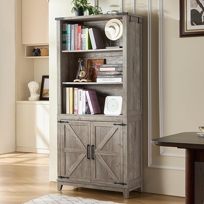 70in Tall Bookshelf 5 Tier Bookcase with Barn Doors and Adjustable Shelves, Grey Farmhouse Book Shelf with Storage Cabinet, Wood Freestanding Display Bookshelves for Bedroom, Kitchen (2PCS)-Ruum Studio Home