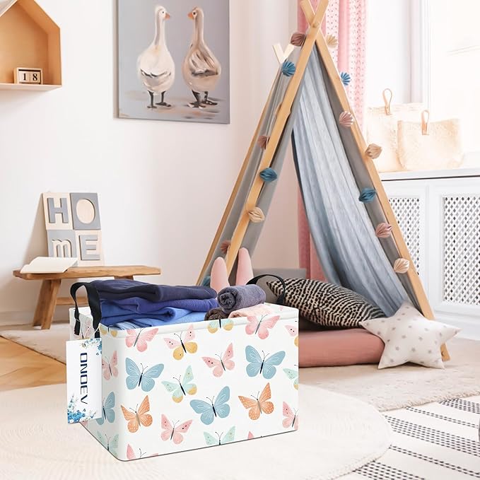 Rectangular Folding Laundry Basket,waterproof Canvas Basket,gift basket,Suitable for children's room,Office,Clothes,Toys Storage(Colorful butterfly)-Ruum Studio Home