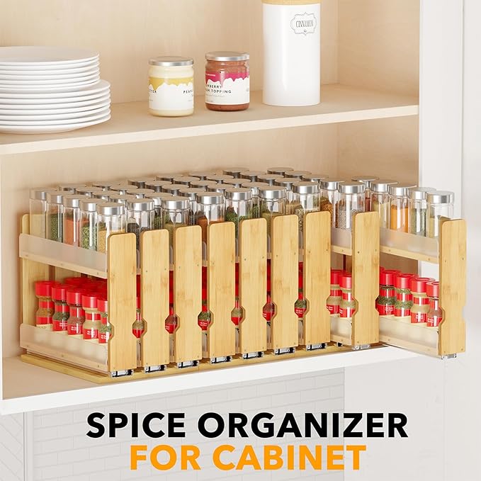 SpaceAid Bamboo Pull Out Spice Rack Organizer for Cabinet, Heavy Duty Slide Out Seasoning Kitchen Pantry Sliding Vertical Organization, 7.6" Wide, 3 Drawers(2" Wide), 2-Tier, Natural-Ruum Studio Home
