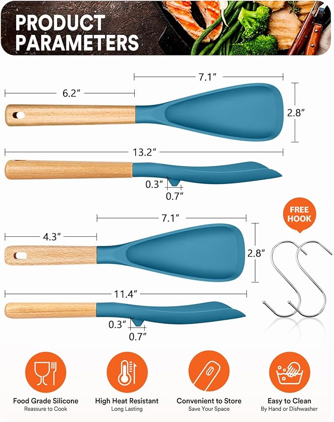 Multifunction Spatula Spoon for Nonstick Cookwares, Great for Cooking and Serving, Sturdy BPA-Free Matte Silicone, Wood Handle Spatula for Mixing, Scoop, and Scrape, Turquoise(2 pack,11.4" & 13.4")-Ruum Studio Home