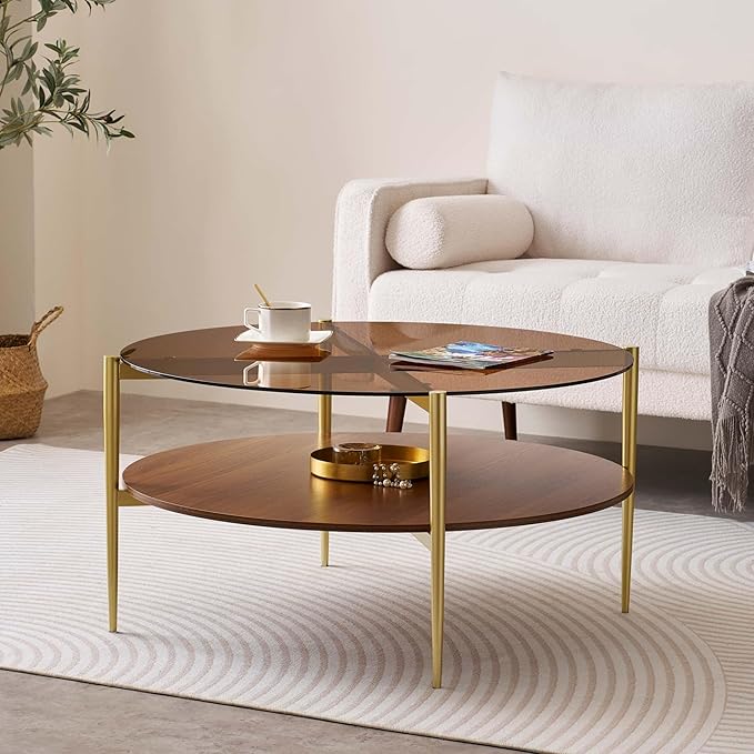 Extra Large Round Coffee Table, Mid-Century Modern Design, D34 x H17 in, for Living Room, 2-Tier Structure, Amber Glass Top and Walnut MDF Shelf, Sleek Conical Metal Legs with Gold Finish-Ruum Studio Home