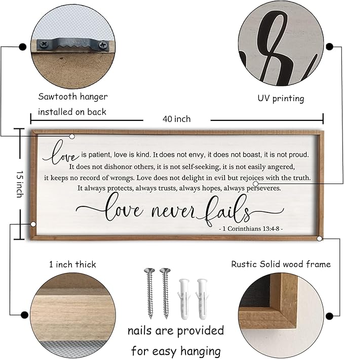 flowtorely Love is Patient, Kind Wall Art Decor 40"X15" Sign 1 Corinthians 13 Bedroom Above Bed Wall Decor Large Bible Verse Quote Scripture Christianity Hanging Sign (Wood)-Ruum Studio Home