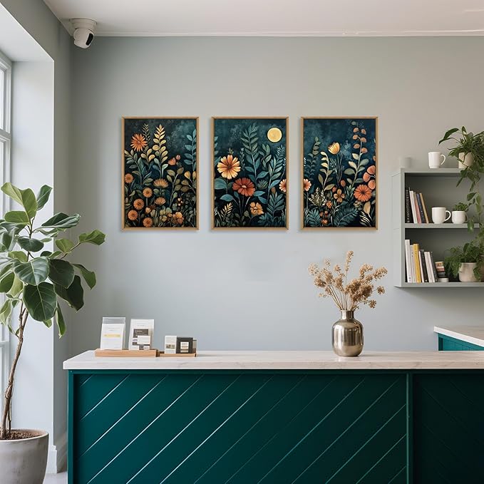 Celestdeco Vintage Dark Botanical Framed Canvas Wall Art Set, Colorful Floral Wall Decor, Nature Wildflower Wall Painting, Colorful Blossom Art Prints for Living Room, Bedroom, Office - 24"X36"X3-Ruum Studio Home