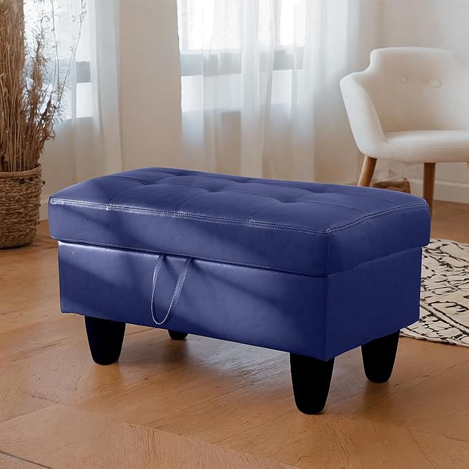 Ottoman Rectangular Storage Ottoman Bench, Faux Leather Footrest, Coffee Table, Stool Footstool with Hinged Lid for Living Room, Bedroom, Entryway, Blue, 35"x23.5"x17.5"-Ruum Studio Home