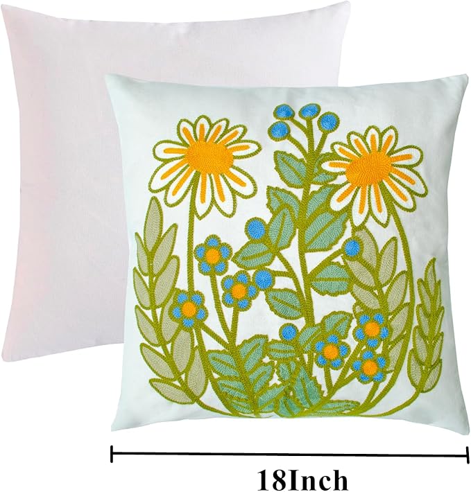 Embroidered Decorative Throw Pillow Cover, 18"x18" Set of 2, Farmhouse Pillowcase Daisy Knit Pattern Cotton Canvas Cushion Case Square Floral Pillow Case for Sofa Couch Bed Living Room…-Ruum Studio Home