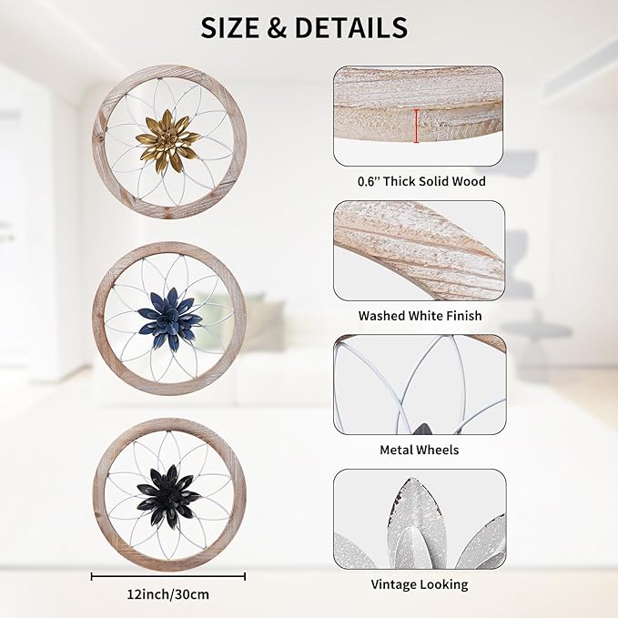 Paquesta 3 Piece Round Farmhouse Wall Decor with 6 Piece Interchangeable Flowers 12'' Medallion Wood & Metal Rustic Wall Art for Living Room Bedroom Kitchen Bathroom Dining Room Home Decorations-Ruum Studio Home