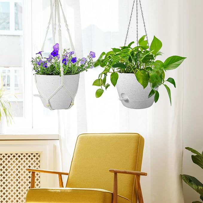 10 inch Self Watering Hanging Planters, 2 Pack Hanging Baskets for Indoor Outdoor Plants, Hanging Flower Pots with Drainage Holes and 2 Kinds of Plant Hangers for Garden Decor, Speckled White-Ruum Studio Home