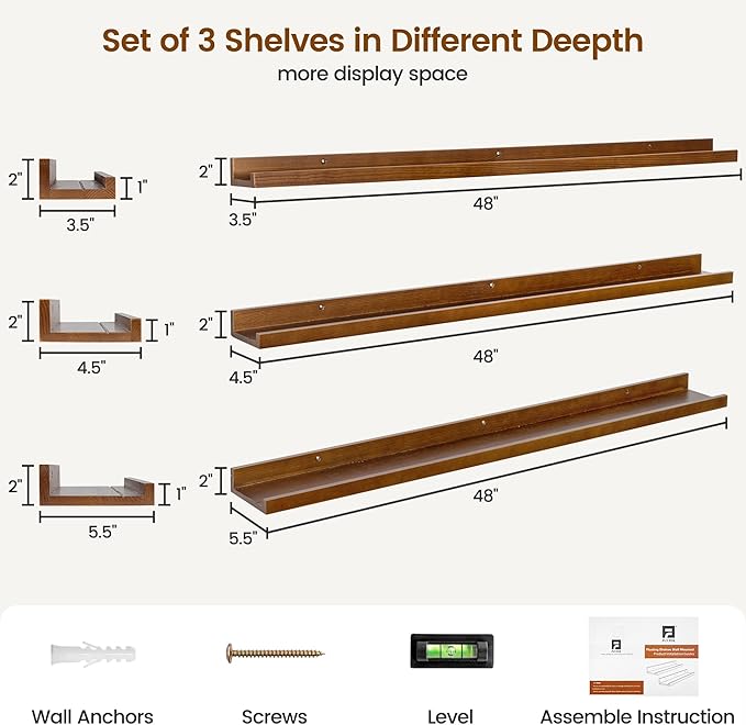 Picture Ledge Wall Shelves 48 Inches Width Set of 3, Solid Pine Wood Rustic Floating Ledge for Kids' Room Bedroom Kitchen Bathroom, Long Floating Shelves for Wall Decor, Walnut-Ruum Studio Home